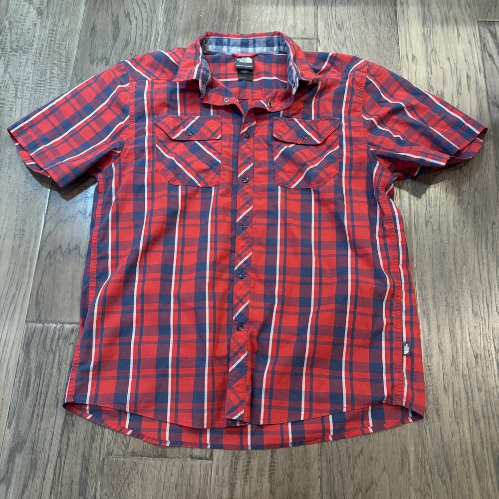 The North Face Mens Large Plaid‎ Button Down Short Sleeve Shirt Red Blue Casual